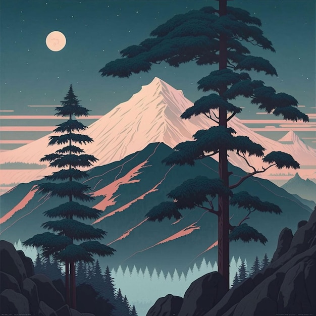 A poster for a mountain scene with a mountain and a moon in the background.