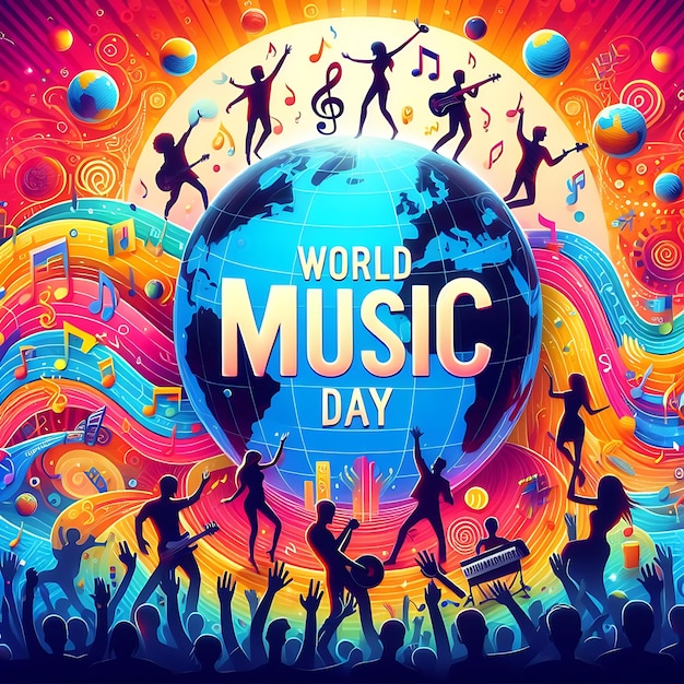 a poster of music day with people dancing around the world