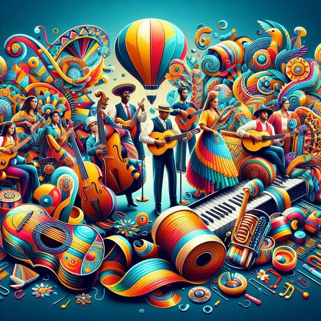 Photo a poster of a music festival with a man playing guitar and a balloon with a band in the background