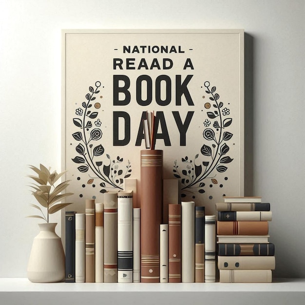 a poster for national book day is displayed on a shelf