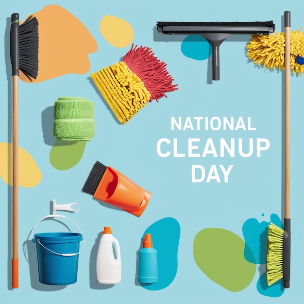 a poster for national clean day is displayed on a blue background