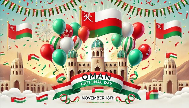 Photo a poster for a national day of oman with balloons and a flag