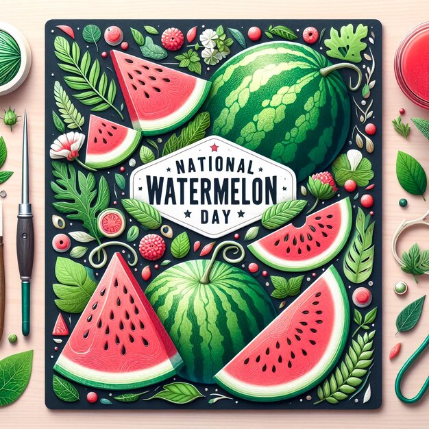 Photo a poster for national watermelon day with watermelon elements illustration