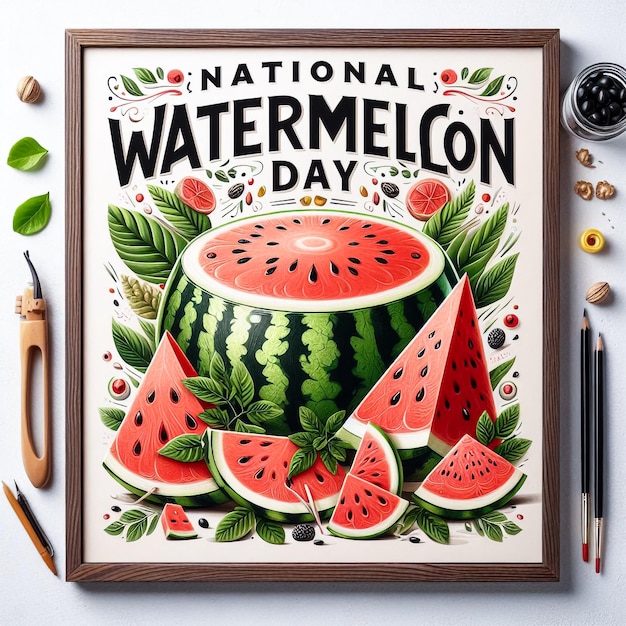 Photo a poster for national watermelon day with watermelon elements illustration