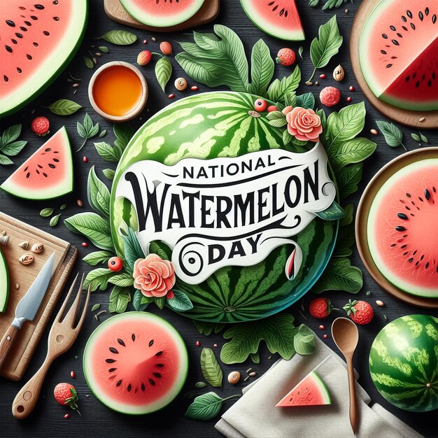 Photo a poster for national watermelon day with watermelon elements illustration