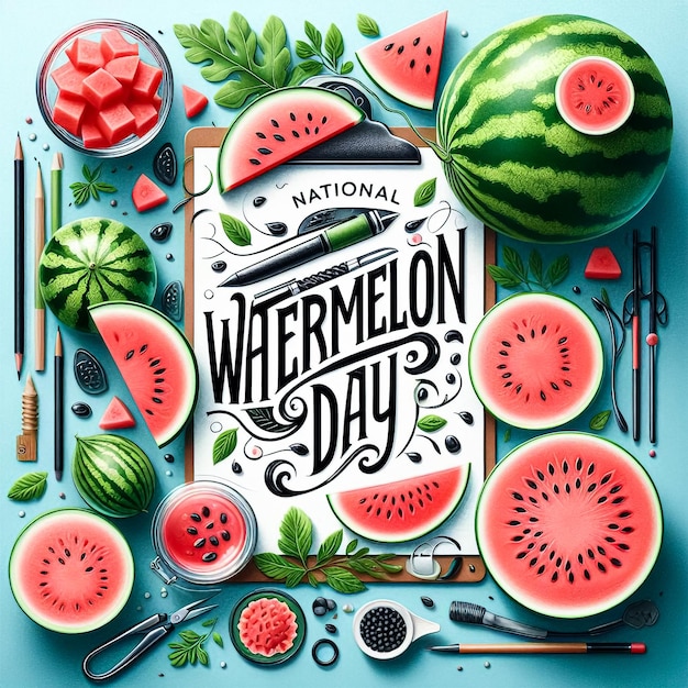 A poster for national watermelon day with watermelon elements illustration