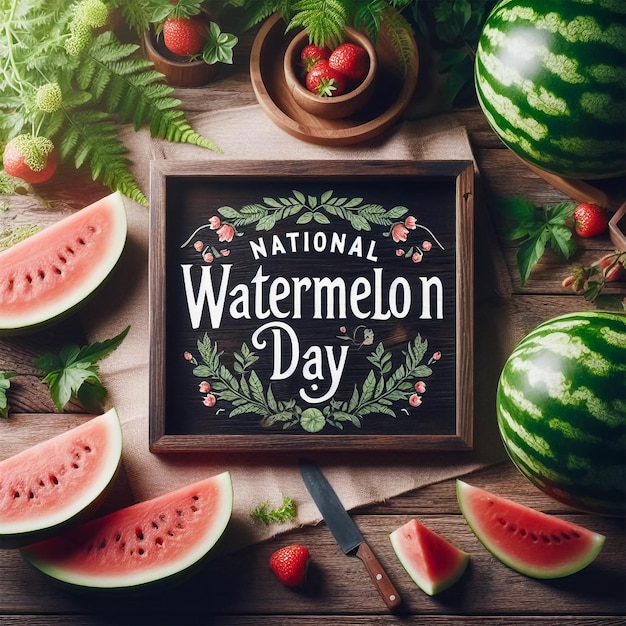 A poster for national watermelon day with a wooden frame