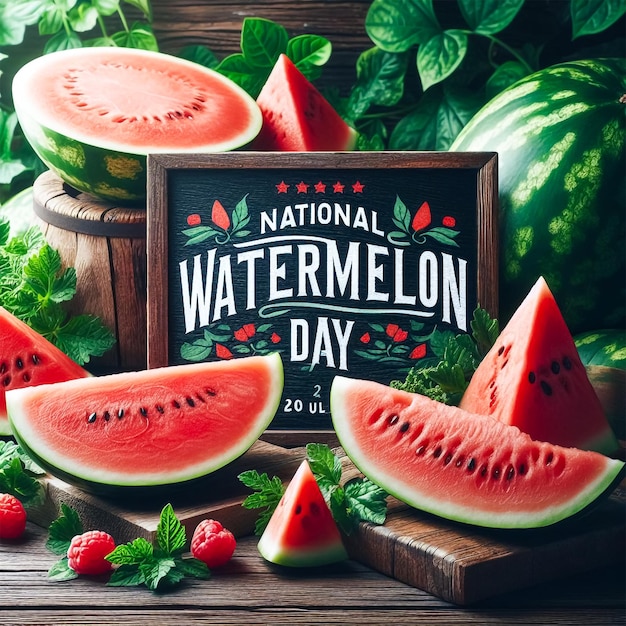 Photo a poster for national watermelon day with a wooden frame