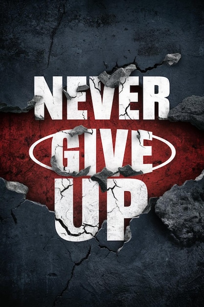 A poster for never give up with a red background