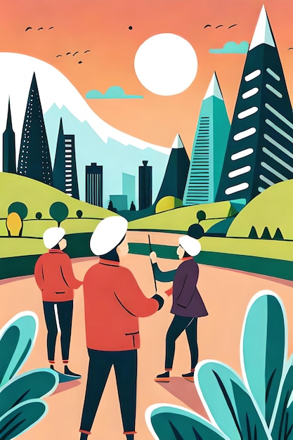 A poster for the new city of the future shows people walking in a park.