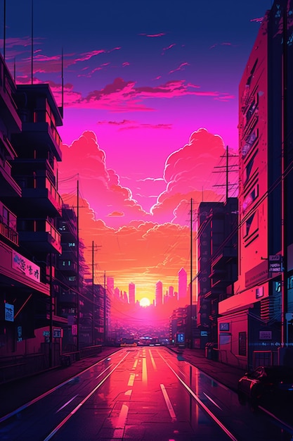 A poster for a new city with a sunset in the background.