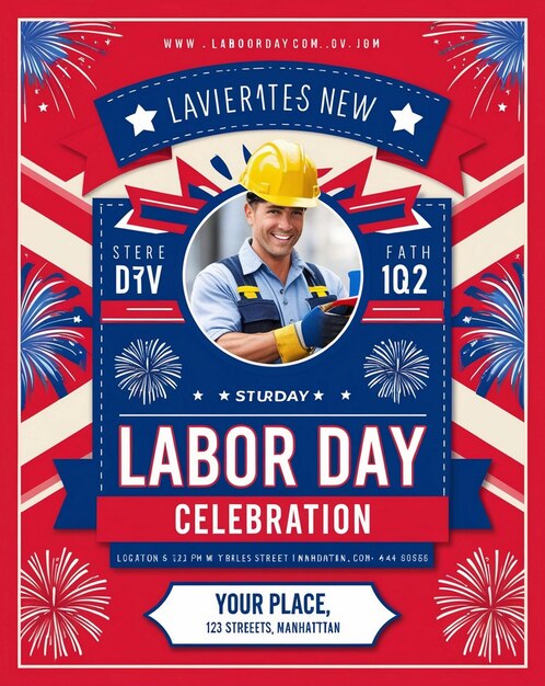 Photo a poster for a new day celebration with a man in a yellow hard hat