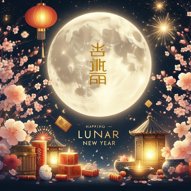 a poster for the new year of the new year with a moon and flowers