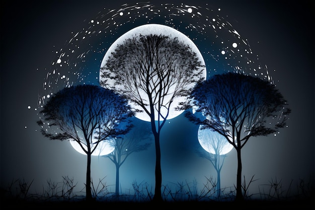 A poster for a night time scene with trees and moon.