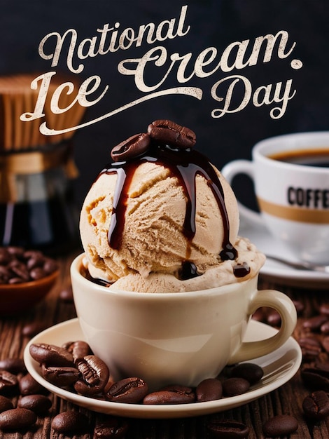 a poster for no ice cream with a cup of coffee and coffee beans