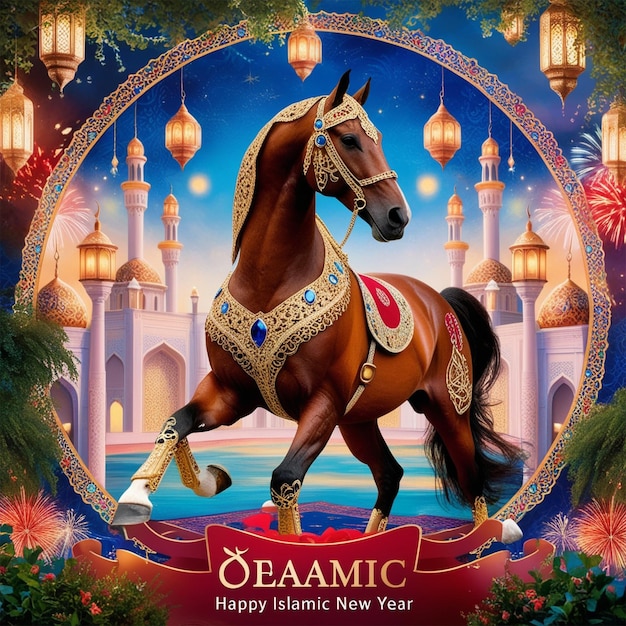 A poster for an ocean themed celebration with a horse and a mosque on the cover