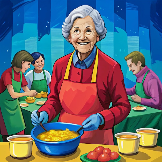 Photo a poster of an old woman cooking with a pan of pasta