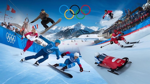 Photo a poster for olympic games shows a skier and two other skiers