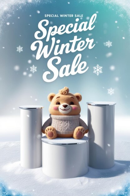 Photo a poster for open winter sale with a bear wearing a sweater