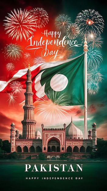 Photo a poster for pakistan independence day with fireworks and mosque background