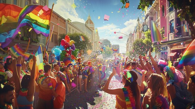 Photo a poster of a parade with a rainbow flag on it