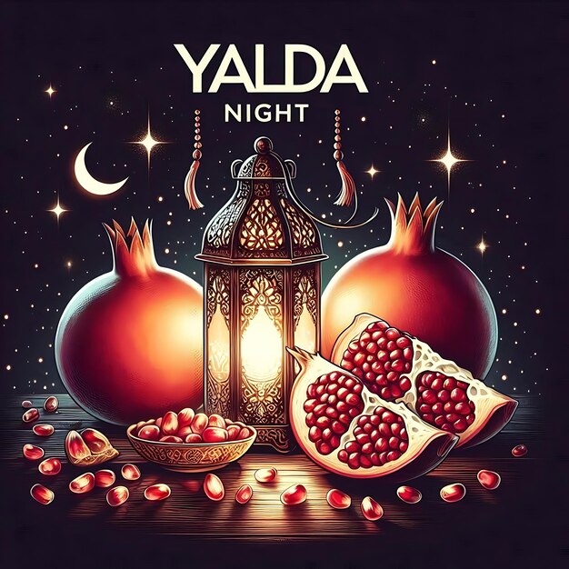 Photo a poster for a party called melon with a lantern and a bowl of pomegranates