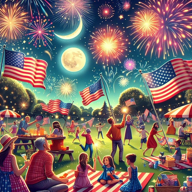 a poster for a party with a picture of a crowd of people sitting under a flag