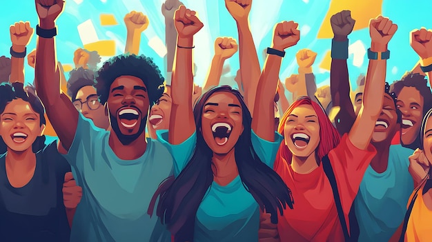 a poster of people celebrating with the word  happy  in the background