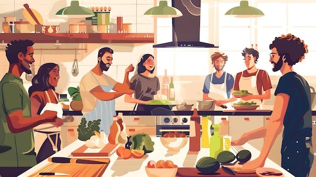 Photo a poster of people cooking in a kitchen with vegetables