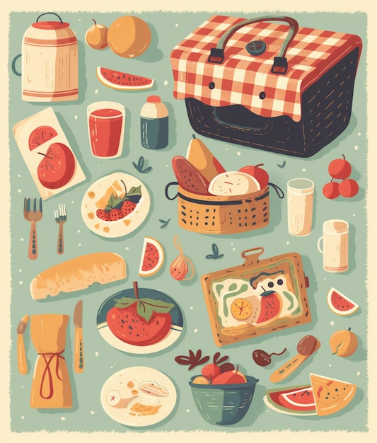 A poster for a picnic with a picture of food and a basket with a basket of food.