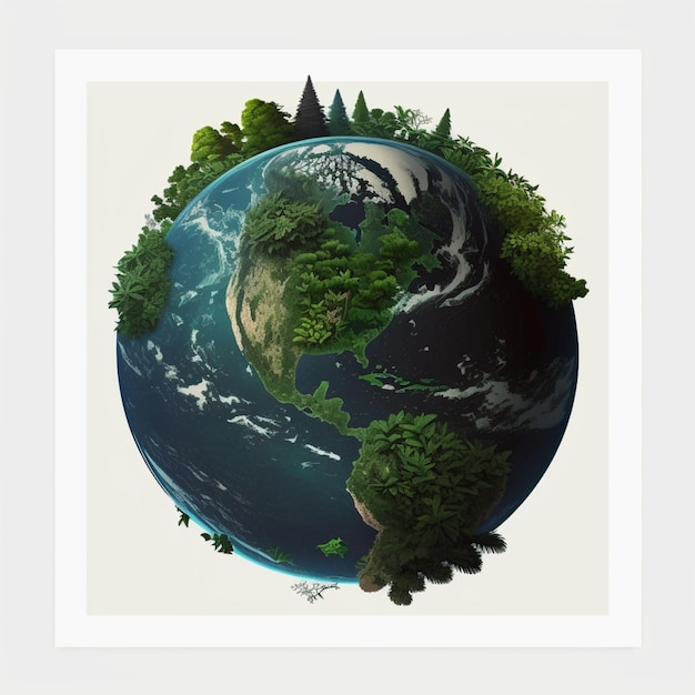 A poster of a planet with a forest on it.