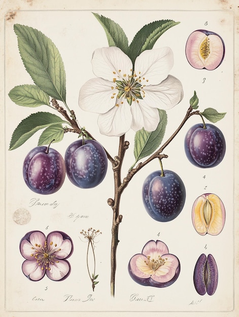 Photo a poster of a plum tree with flowers and leaves