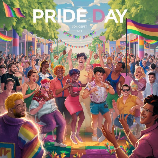 A poster for a pride day with a rainbow flag on it