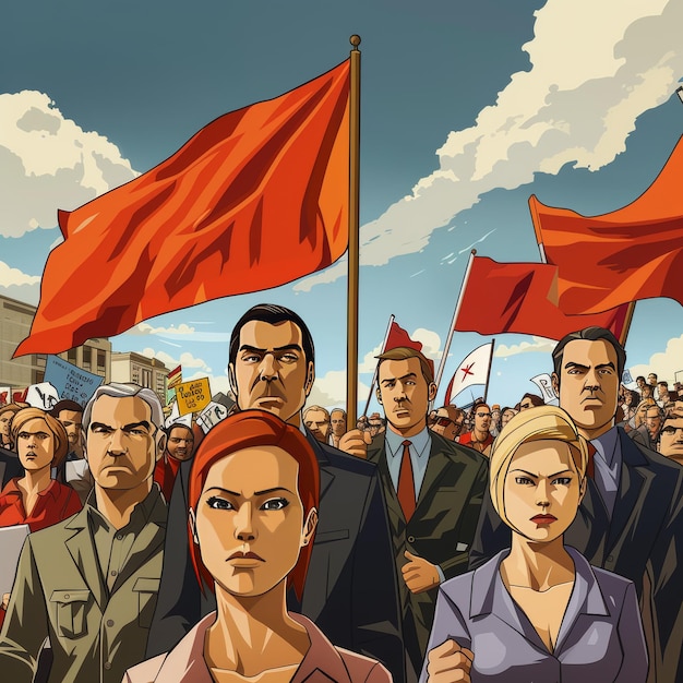 Photo a poster of a protest with a red flag and people holding flags