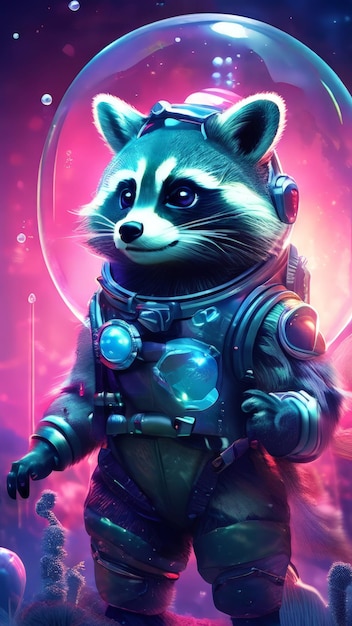 a poster for a raccoon with a space suit on it