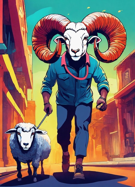 a poster of a ram with a man and a goat on it