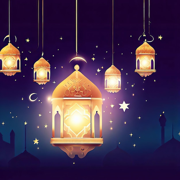 A poster for ramadan with a lantern and stars and the words ramadan.