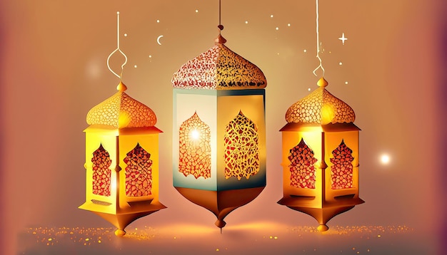 A poster for ramadan with three lanterns and the words ramadan.