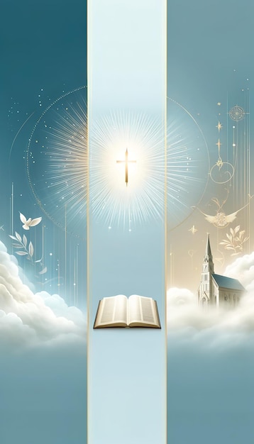 Poster on a religious theme 6 A stylized image of a shining cross a church a Bible and a dove against a background of clouds For advertising presentations postcards