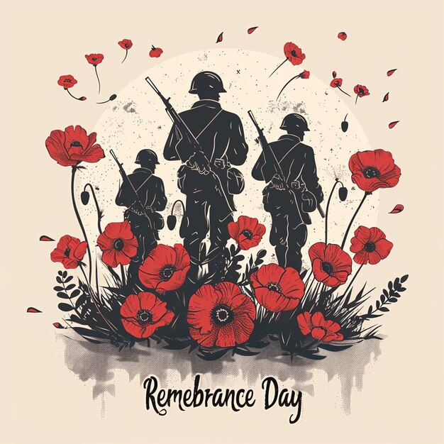 a poster for remembrance day with a silhouette of soldiers and a red poppy