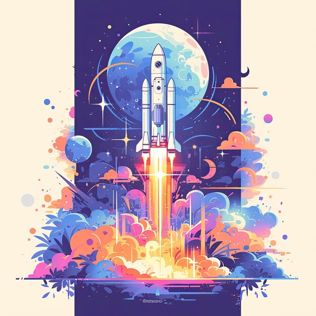 a poster of a rocket with a space shuttle in the background