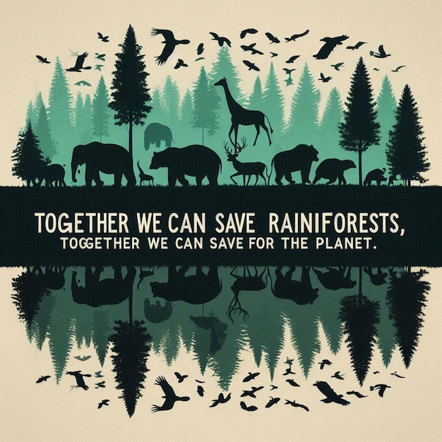 Photo a poster for a safari with trees and animals that say we can save rain forest