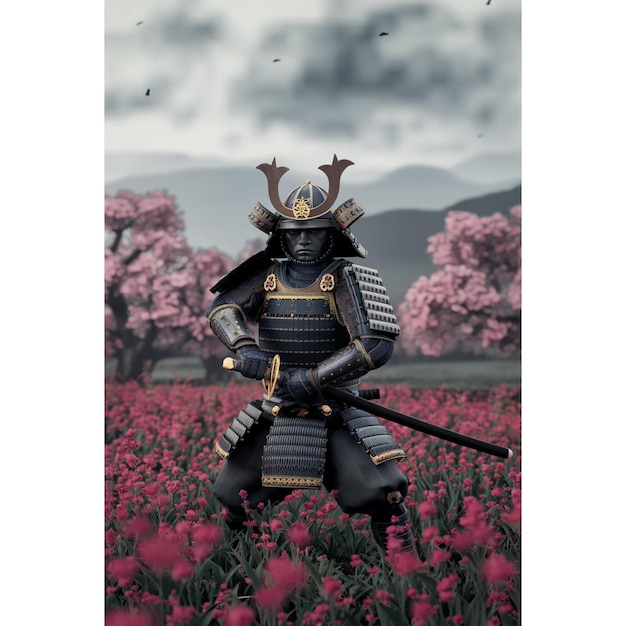 Photo a poster of a samurai in a field of flowers