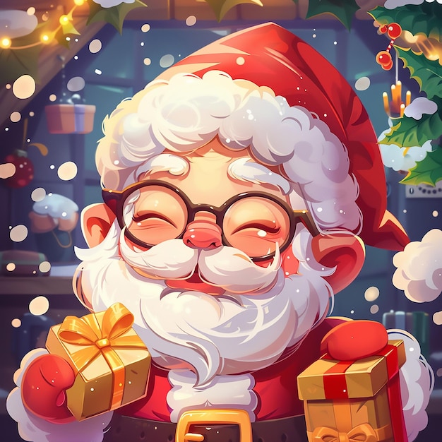 a poster of santa claus holding a gift with a tree in the background