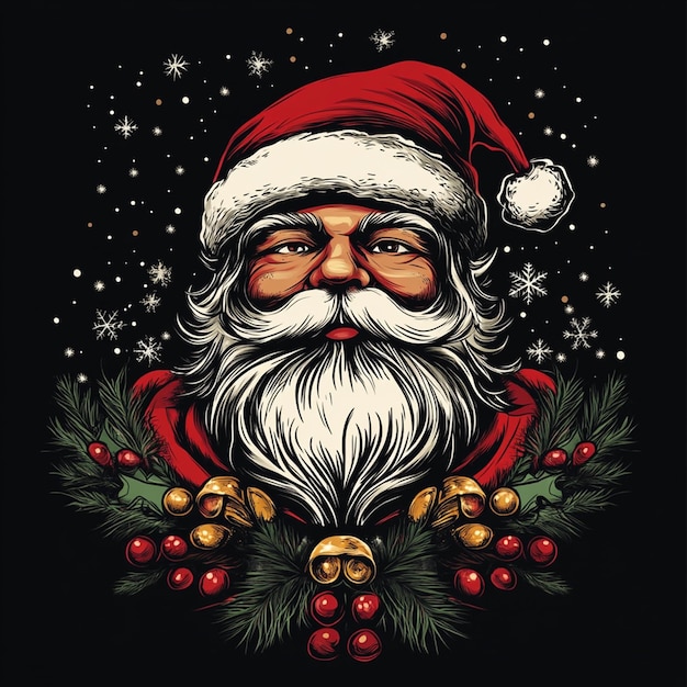 a poster of a santa claus with a wreath around his neck