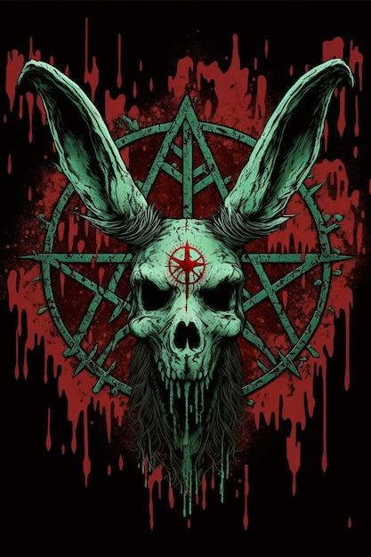 A poster for a satanic skull with a pentagram on it.