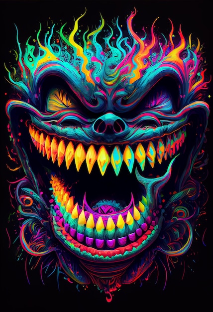 A poster of a scary face with bright yellow teeth.