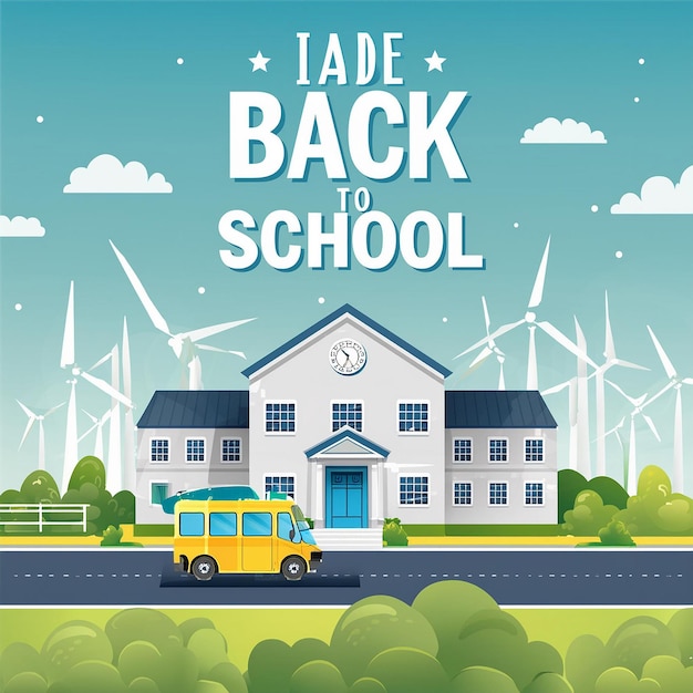 a poster for the school bus with a school bus and wind turbines in the background