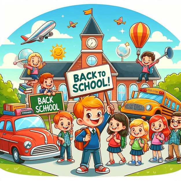 a poster of a school with a boy holding a sign that says back to school