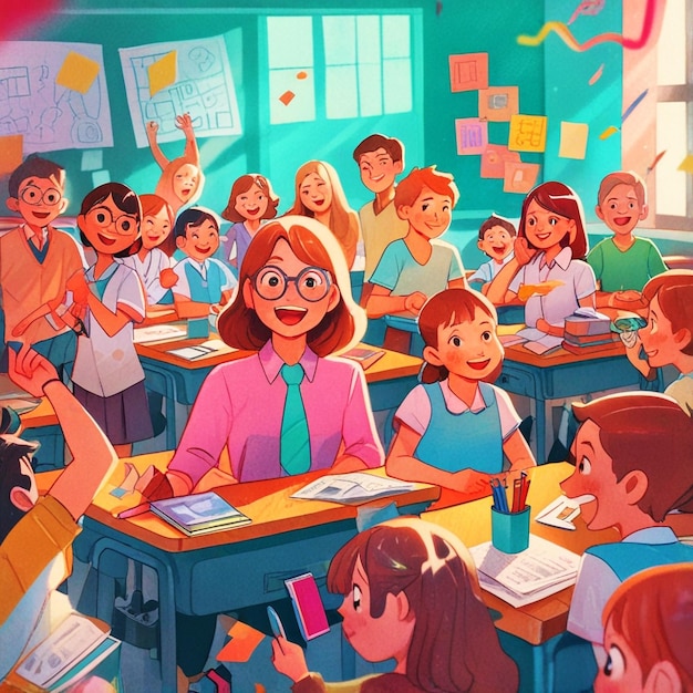 a poster of a school with a cartoon character wearing a shirt that saysthe teacher